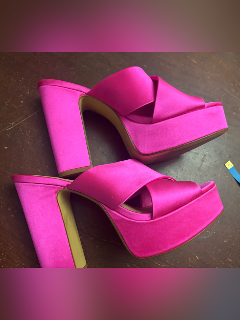 H & M cerise Barbie pink 7 cm platform mule strap satin look heels party sze 39